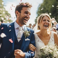 Bride and groom smiling while walking down aisle